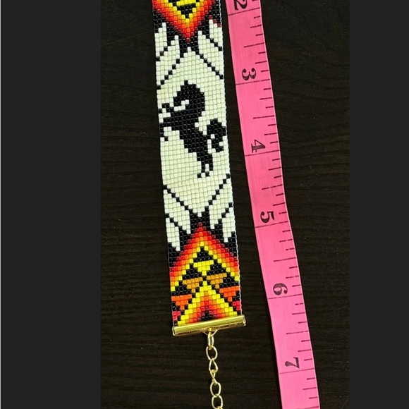 Handwoven loom cuff panel bracelet adjustable seed bead Native American motif - Picture 3 of 8